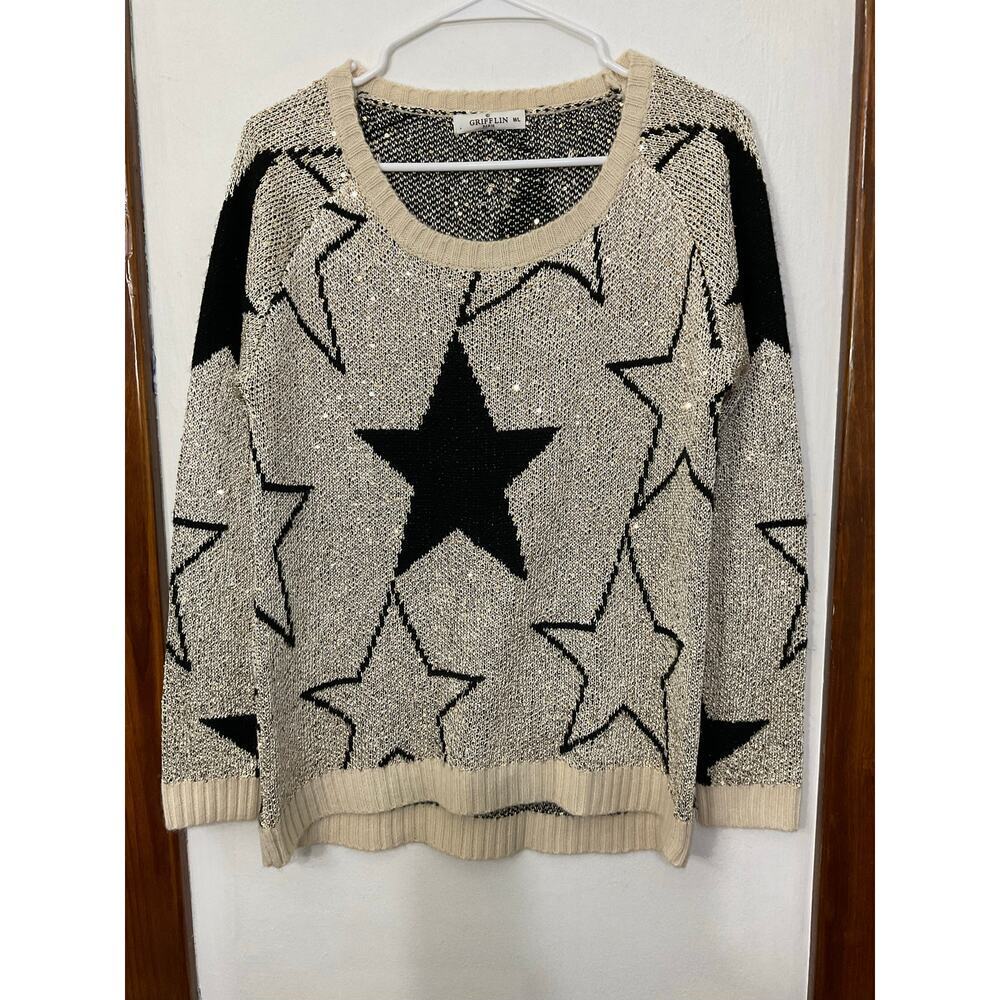 Grifflin Paris Wool Blend Sequin & Stars Black Gold Sweater Ribbed Trim Sz L - Picture 3 of 6